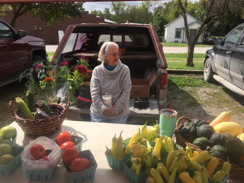 Woman sitting at a farmers market booth with fresh vegetables and flowers displayed, including zucchini, tomatoes, and peppers, alongside a pickup truck in the background.